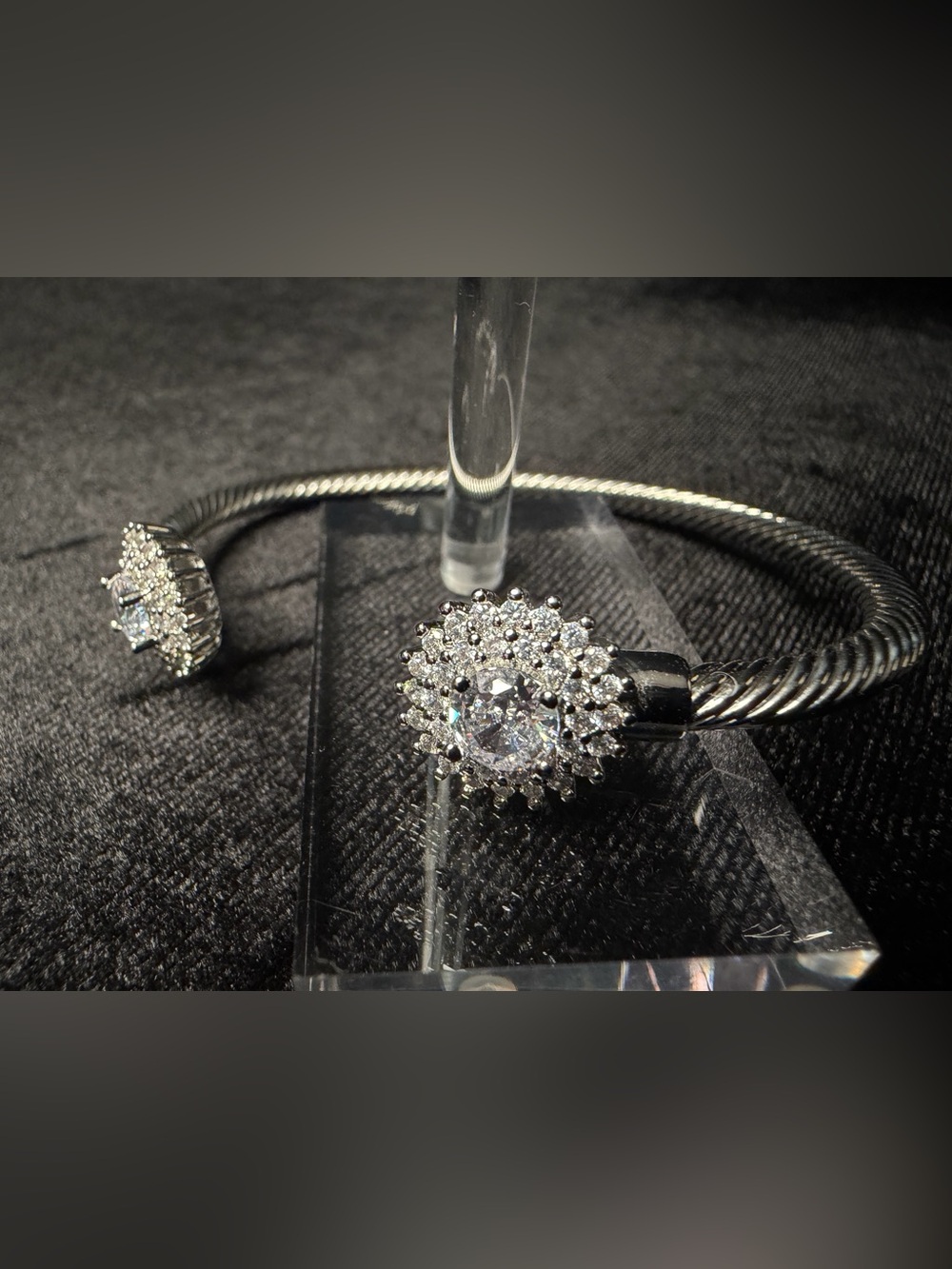 Rope Twisted Cuff Bangle Bracelet CZ Stoned Adjustable WG Premium Finish.